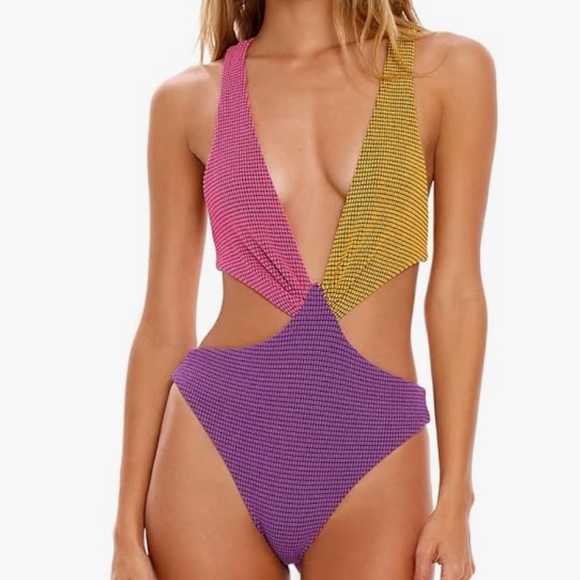 NWOT FP x AGUA BENDITA malibu ribbed cut out one piece tri colored size XL - Picture 1 of 13